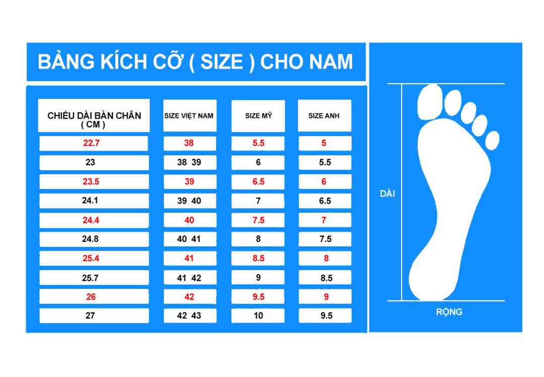 Bảng size giày chuẩn Việt Nam